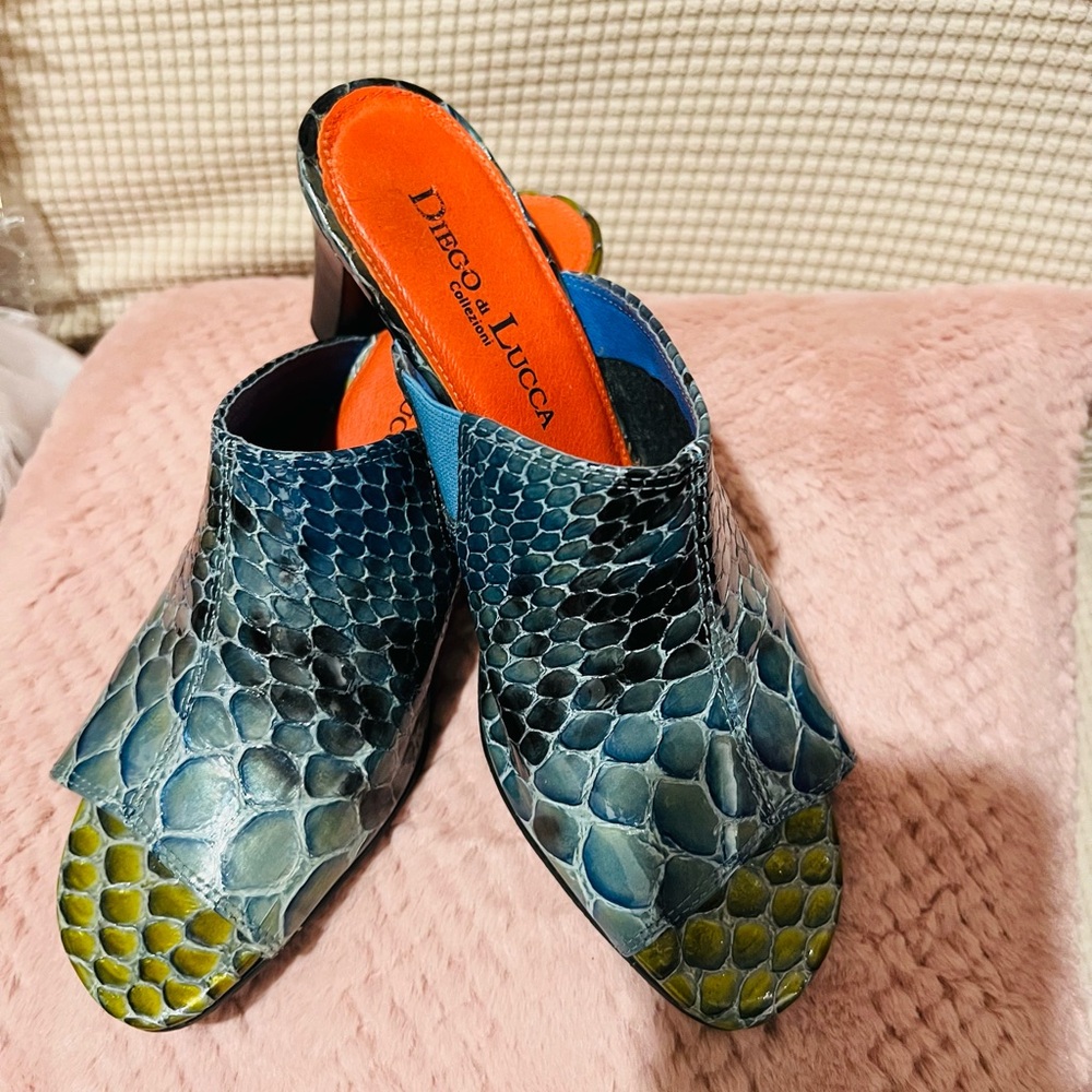 Diego di Lucca Blue and Green Snake Print Mules